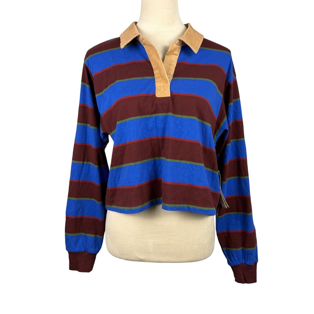 Stranger Things Rugby Shirt Women Small Cropped Long Sleeve Striped Blue Maroon